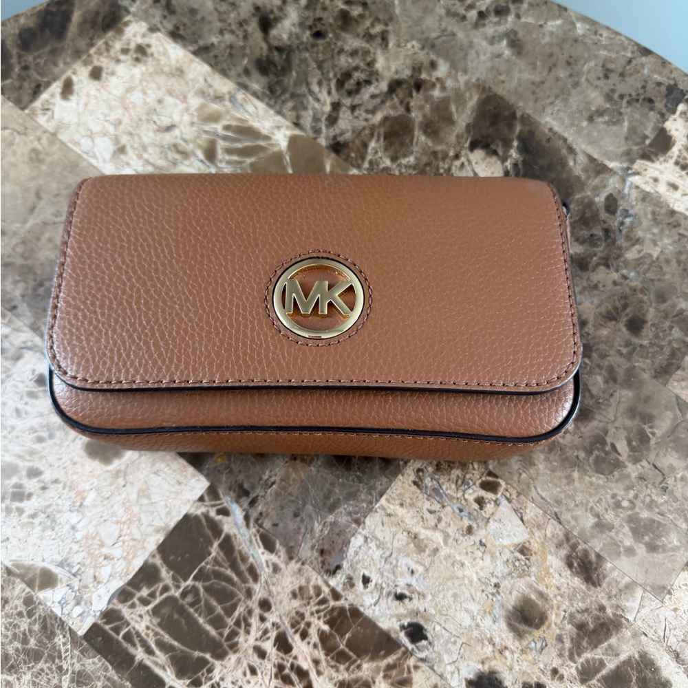 Michael Kors Pebbled Leather Crossbody Bag in Brown with Gold Logo